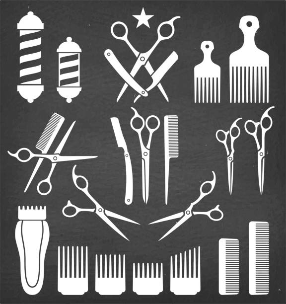 ilustraciones, imágenes clip art, dibujos animados e iconos de stock de barbería peluquería herramientas para conjunto de iconos de vector de corte de pelo - barbers pole