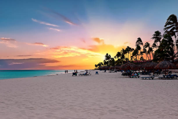 druif strand bei sonnenuntergang auf der insel aruba in der karibik - aruba stock-fotos und bilder