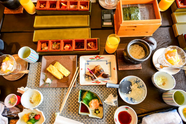 istock Japanese food set on table, top view 700581374