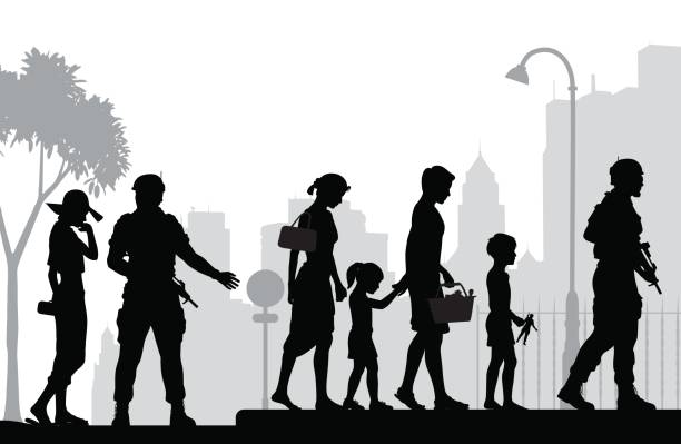 Street security Editable vector silhouette of soldiers escorting a civilian family in an urban scene with all figures as separate objects military family stock illustrations