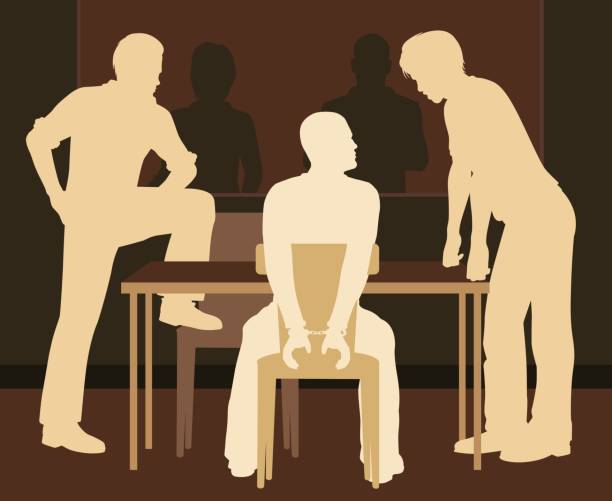 Interrogating suspect Editable vector illustration of a handcuffed man being interrogated by detectives police interview stock illustrations