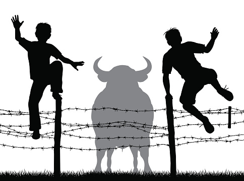 Editable vector silhouettes of two boys jumping over a barbed wire fence to escape a bull with all figures as separate objects