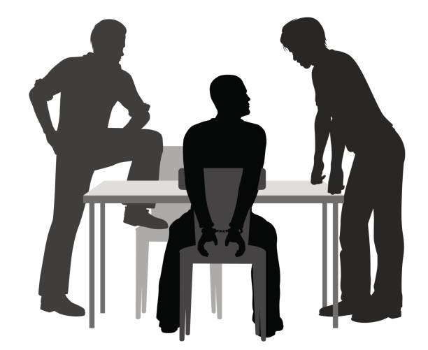 Interrogation Editable vector silhouettes of a handcuffed man being interrogated by two detectives interview event silhouettes stock illustrations