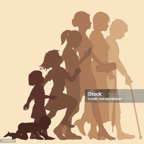 Ilustración de Etapas De La Mujer y más Vectores Libres de Derechos de Proceso de envejecimiento - Proceso de envejecimiento, Edad humana, Eventos de la vida