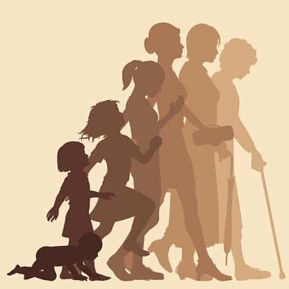 Editable vector silhouette sequence of the life stages of a woman with figures as separate objects