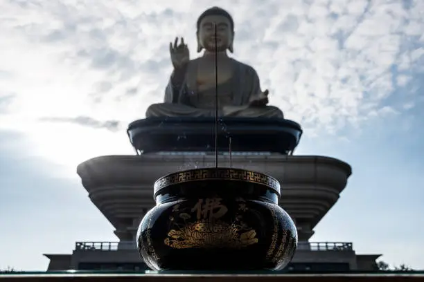 The Sakyamuni Buddha statue is 40 meters tall itself and reaches a total height of 108 meters. It is located at the Fo Guang Shan Monastery in Kaohsiung, Taiwan.