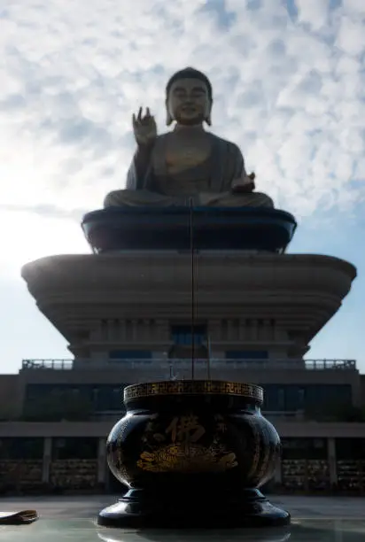 The Sakyamuni Buddha statue is 40 meters tall itself and reaches a total height of 108 meters. It is located at the Fo Guang Shan Monastery in Kaohsiung, Taiwan.