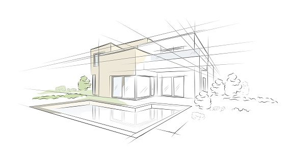 Vector Illustration Of Linear Project Architectural Sketch Detached House  Stock Illustration - Download Image Now - iStock