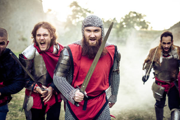 Brave and bold knights fight for dignity and to protect the kingdom. Medieval soldiers such as dukes, knights and  mercenaries going into battle against enemies.