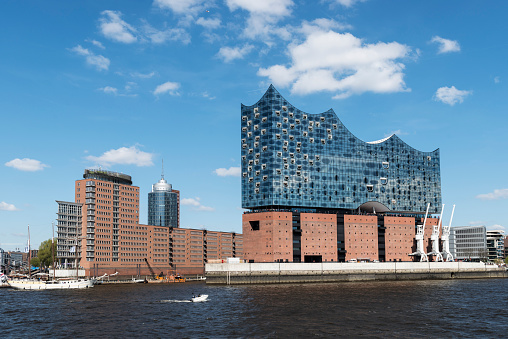 Elbphilharmonie, Hamburg's new landmark concert hall, is being erected on a former port warehouse with a shining glass facade