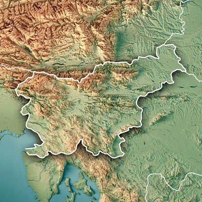 3D Render of a Topographic Map of the country of Slovenia in Eastern Europe.