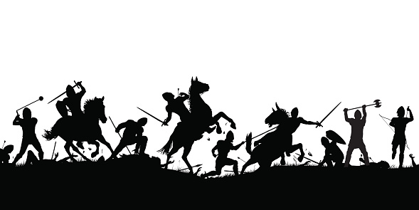 Vector silhouette illustration of a medieval battle scene with cavalry and infantry with figures as separate objects