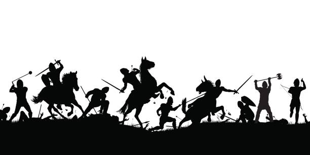 Battle scene silhouette Vector silhouette illustration of a medieval battle scene with cavalry and infantry with figures as separate objects infantry stock illustrations