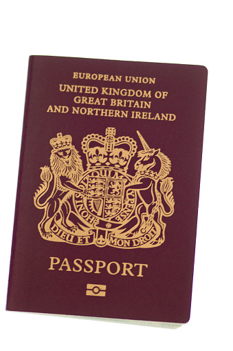 A UK European Union passport against a white shadowless background. This passport will be superceded following Brexit.