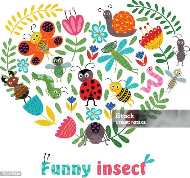 Heart Funny Insect And Plants Stock Illustration - Download Image Now - Insect, Ladybug, Butterfly - Insect