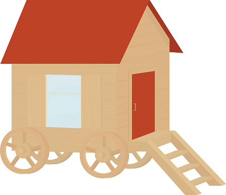 wooden cartooon caravan wagon, house on wheels isolated on white