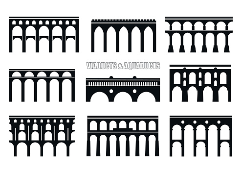 Set of bridge silhouettes. Viaducts, aqueducts, rail and multilevel arched bridges. Concept for icon, icon.