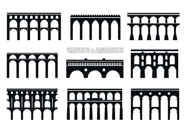 Viaducts, aqueducts, rail and multilevel arched bridges. Set of bridge silhouettes. Viaducts, aqueducts, rail and multilevel arched bridges. Concept for icon, icon. colonnade stock illustrations