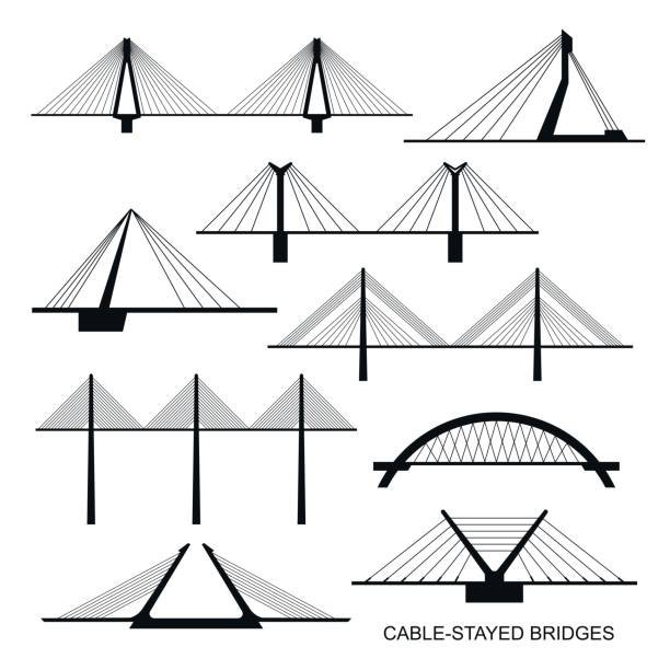 satz von neun stilisierten brücken. - cable stayed bridge illustrations stock-grafiken, -clipart, -cartoons und -symbole