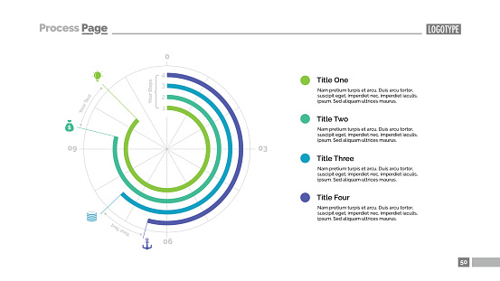 Four steps doughnut chart slide template. Business data. Circle, diagram. Creative concept for infographic, presentation. Can be used for topics like analysis.