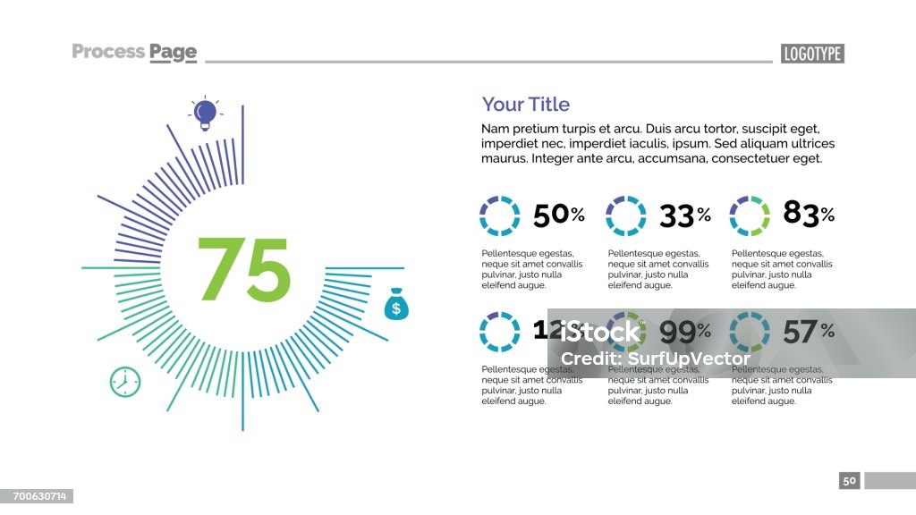 Measuring Scale Diagram Slide Template Percentage chart slide template. Business data. Graph, diagram. Creative concept for infographic, templates, presentation, report. Can be used for topics like analysis, statistics, finance. Percentage Sign stock vector