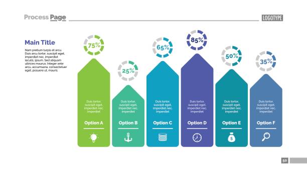 Six Arrows Bar Chart Slide Template Six arrows bar chart slide template. Business data. Percent, diagram. Creative concept for infographic, presentation, report. Can be used for topics like analysis, accounting, finance. accounting drawings stock illustrations