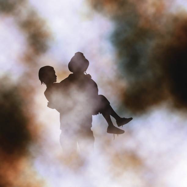 Firefighter hero Vector illustration of firefighter rescuing a girl from a fire created using a gradient mesh rescue stock illustrations