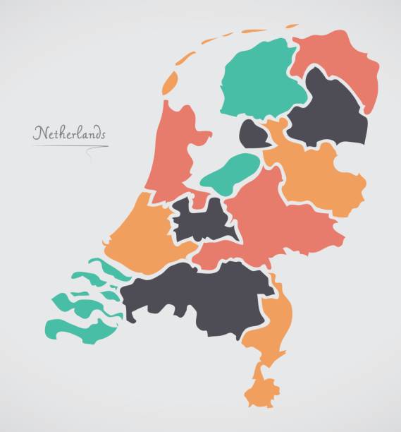 mapa holandii z państwami i nowoczesnymi okrągłymi kształtami - netherlands map cartography silhouette stock illustrations