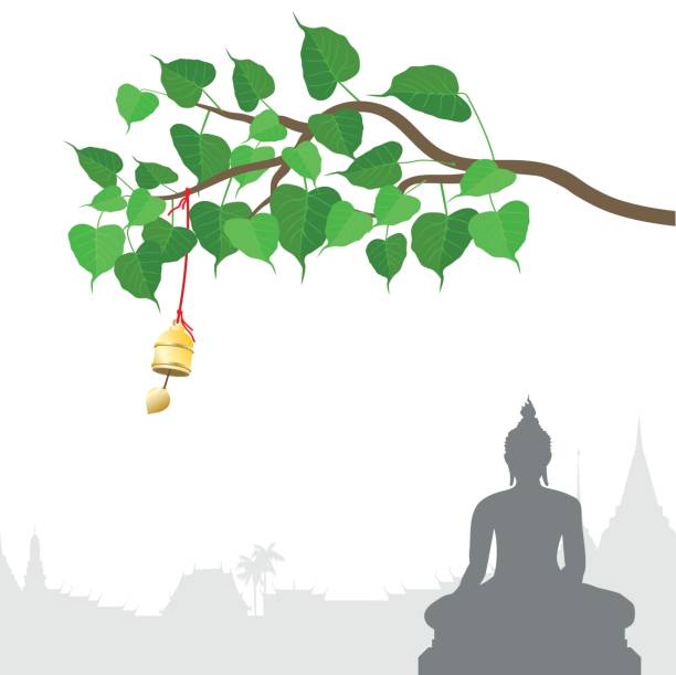 illustrazioni stock, clip art, cartoni animati e icone di tendenza di statua del buddha e albero di bodhi con campana d'oro della tradizione tailandese, visakha puja day - buddha thailand spirituality wisdom