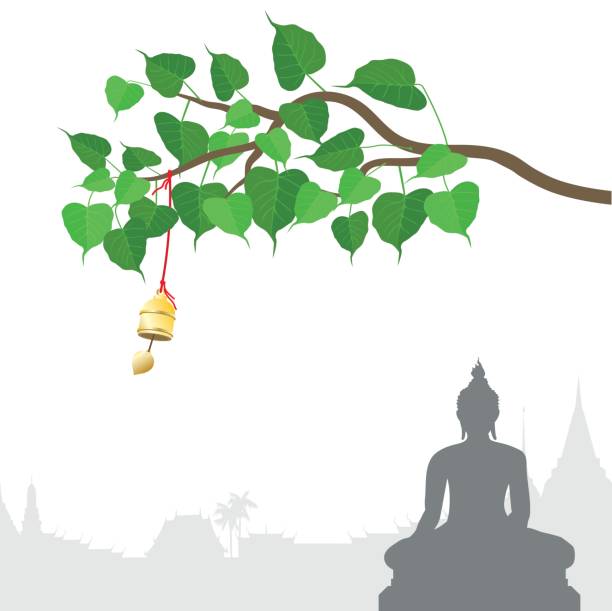 ilustrações, clipart, desenhos animados e ícones de estátua de buda e a árvore de bodhi com sino de ouro de tradição tailandesa, visakha puja dia - asia religion statue chinese culture