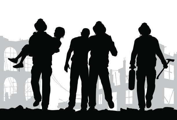 Firefighters silhouette Vector illustration of firefighter silhouettes rescuing people from a fire disaster firefighter stock illustrations