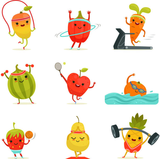 ilustraciones, imágenes clip art, dibujos animados e iconos de stock de frutas divertidas hacen ejercicios de fitness. dibujos animados de vector con alimentos para la dieta - vegetable basket