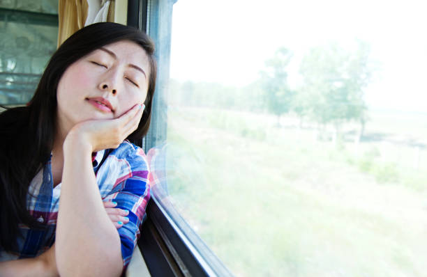 istock Young beautiful woman traveling napping on train 700649000