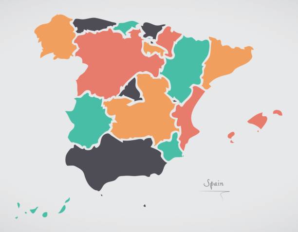 hiszpania mapa z państwami i nowoczesnymi okrągłymi kształtami - spain stock illustrations
