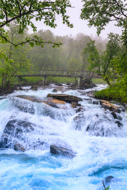 Travel, beauty in nature. Small bridge and waterfall torrential river along the Aurlandsfjellet mountains in Norway Sogn og Fjordane, foggy hazy summer day