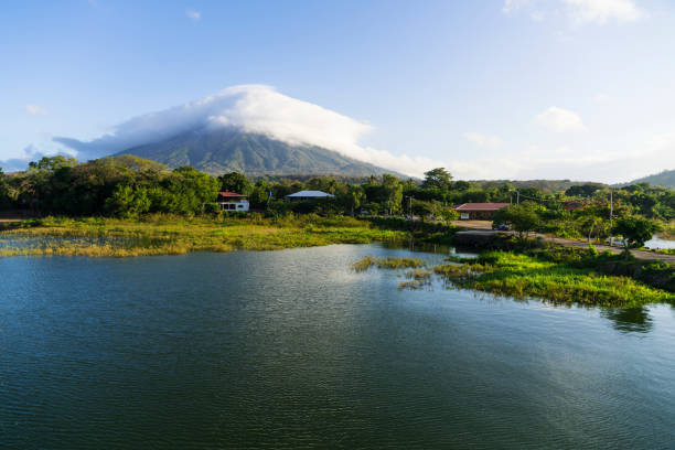 Volcano in clouds on  Island Ometepe in Lake Nicaragua in Nicaragua stock photo