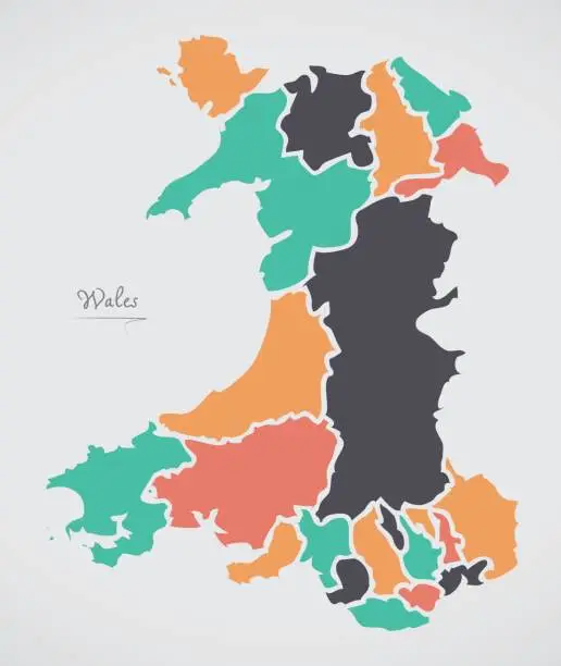 Vector illustration of Wales Map with states and modern round shapes