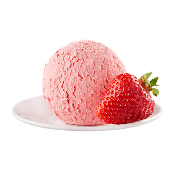 Ice cream pink scoop with strawberry on plate isolated on white background.