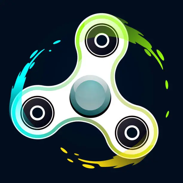 Vector illustration of Vector illustration of realistic white fidget spinner with colorful splash trace of rotation. Creative concept of toy for improvement of attention span on black background.