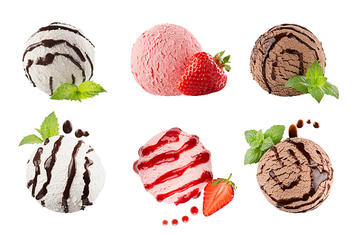 Ice cream scoops collection of six balls, decorated striped chocolate sauce, mint leaves, slice strawberry. Isolated on white background. Template for menu.