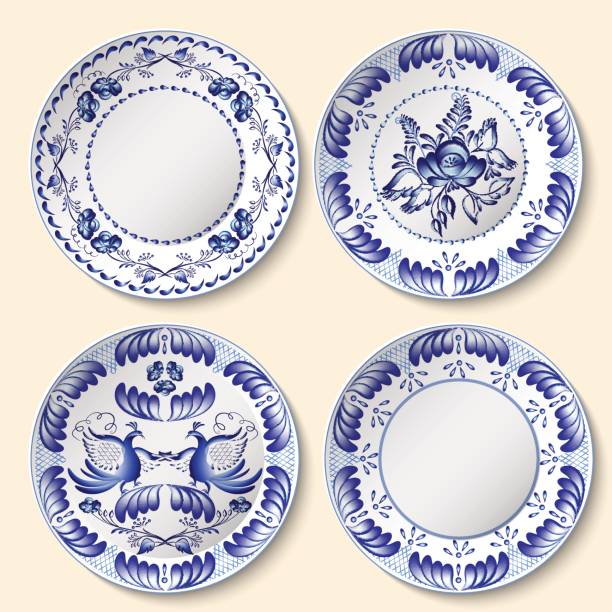 ilustraciones, imágenes clip art, dibujos animados e iconos de stock de juego de platos de porcelana decorativa con azul modelo nacional en el estilo de gzhel. - plate ceramics pottery isolated