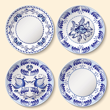 Set of decorative porcelain plates with blue national pattern in Gzhel style. Vector illustration