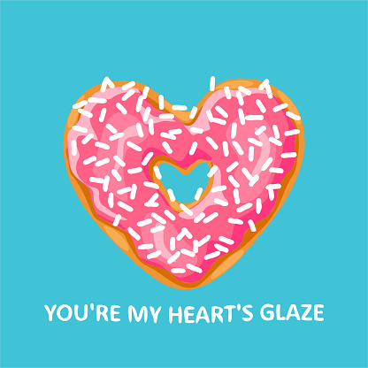 alentine's Day card. Heart shaped donut with pink glaze on  blue background
