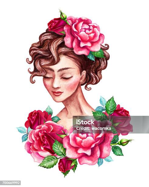 Watercolor Illustration Beautiful Young Woman Portrait Romantic Sophisticated Lady Short Curly Hair Decorated With Red Rose Flowers Clip Art Isolated On White Background Stock Illustration - Download Image Now