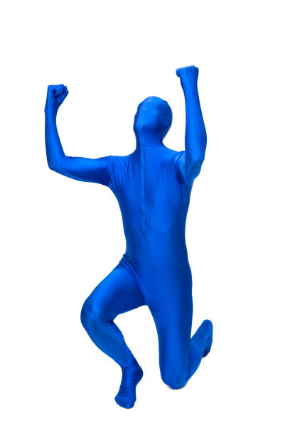 istock Mysterious blue man in blue suit rejoice 700685484