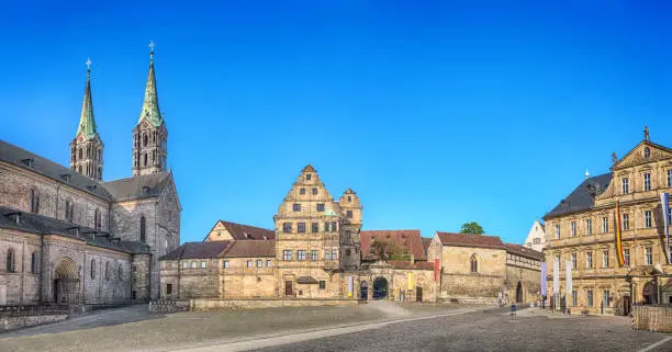 Bamberg, Germany. Panorama of Domplatz square with Bamberg Cathedral, Old court yard and State Library