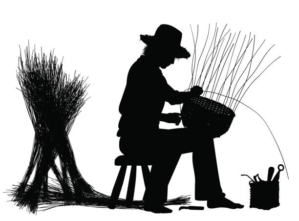 Basketry craftsman Editable vector silhouette of a craftsman making a basket with elements as separate objects basket weaving stock illustrations