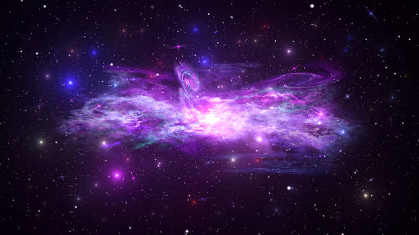 universe with galaxy, stars and colorful nebula on dark starry background 3d illustration - flocked imagens e fotografias de stock