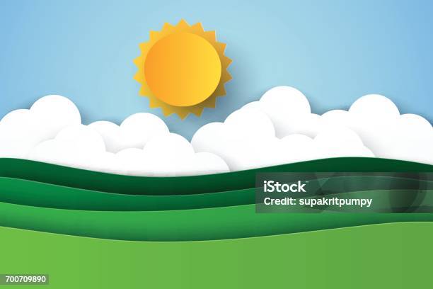 Nature Landscape Background Paper Art Style Stock Illustration - Download Image Now - Sun, Sunlight, Paper