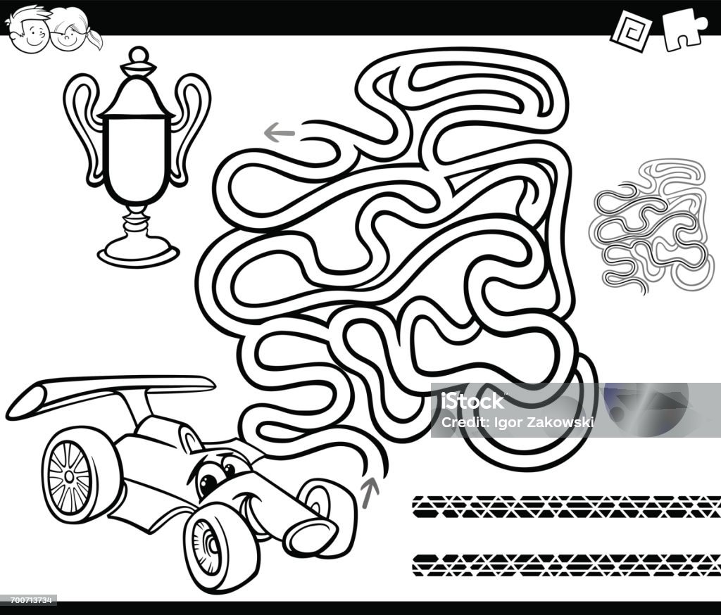 maze with race car coloring page Black and White Cartoon Illustration of Education Maze or Labyrinth Game for Children with Racing Car and Cup Coloring Page Maze stock vector